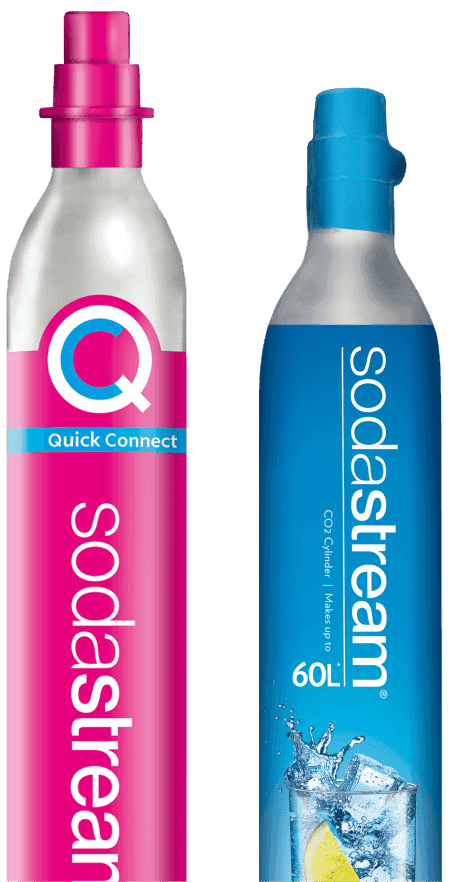 Cilindro SodaStream rosa Quick Connect e cilindro azul de rosca: os dois modelos recarregados em Belo Horizonte